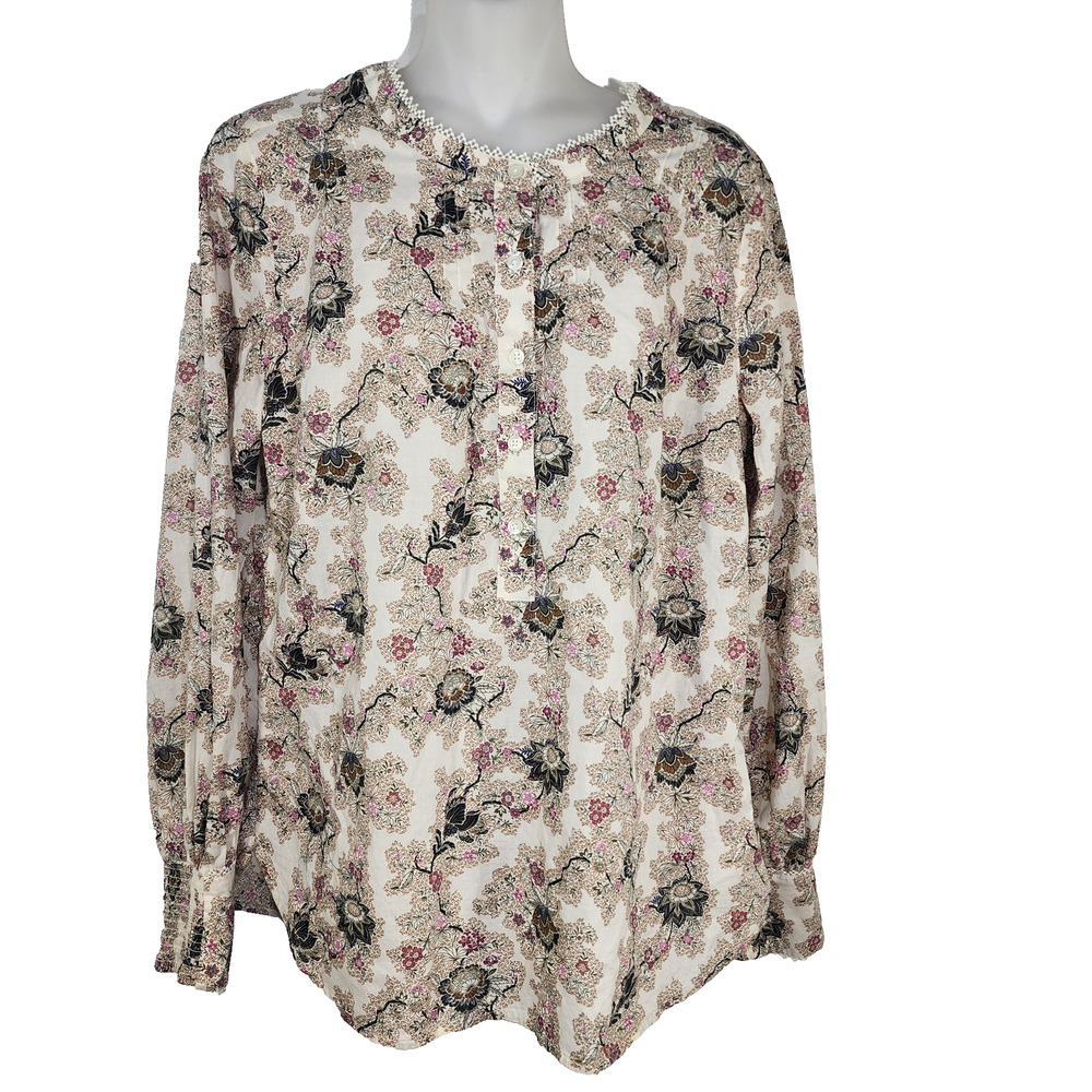 Talbots Top Women Medium Lace Trim Decorative Floral Pintuck Long Smocked Sleeve